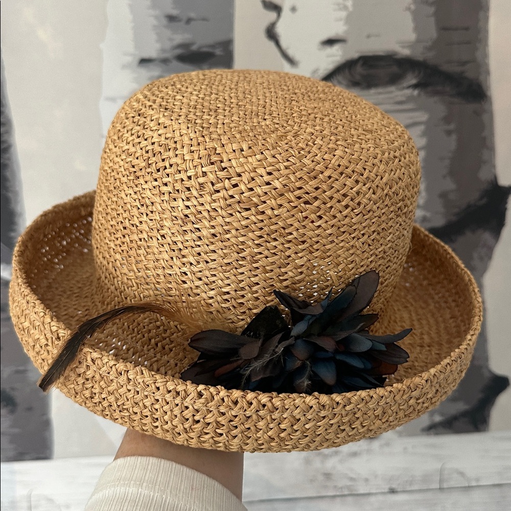 Importina Straw Hat with Brown Blue Flower Accent